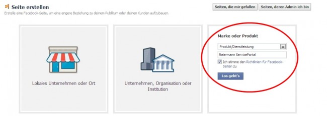 FB Seite erstellen Produkt/Dienstleistung